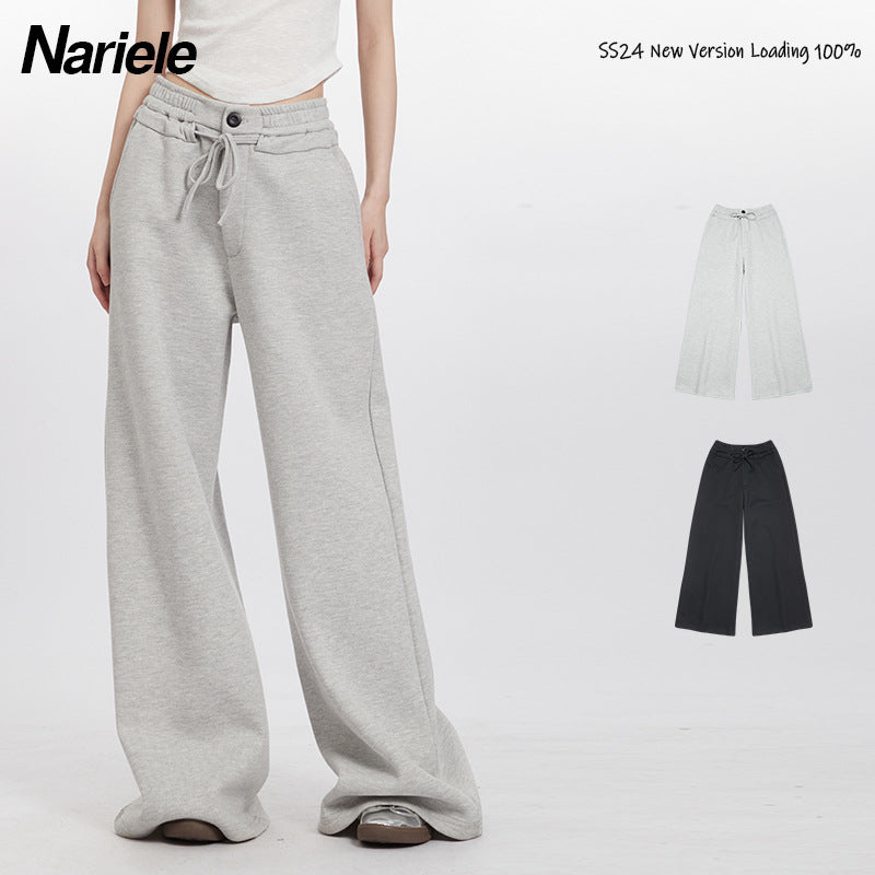 Nariele Elastic Sports Fleece Long Pants Wide Leg Sweatpants