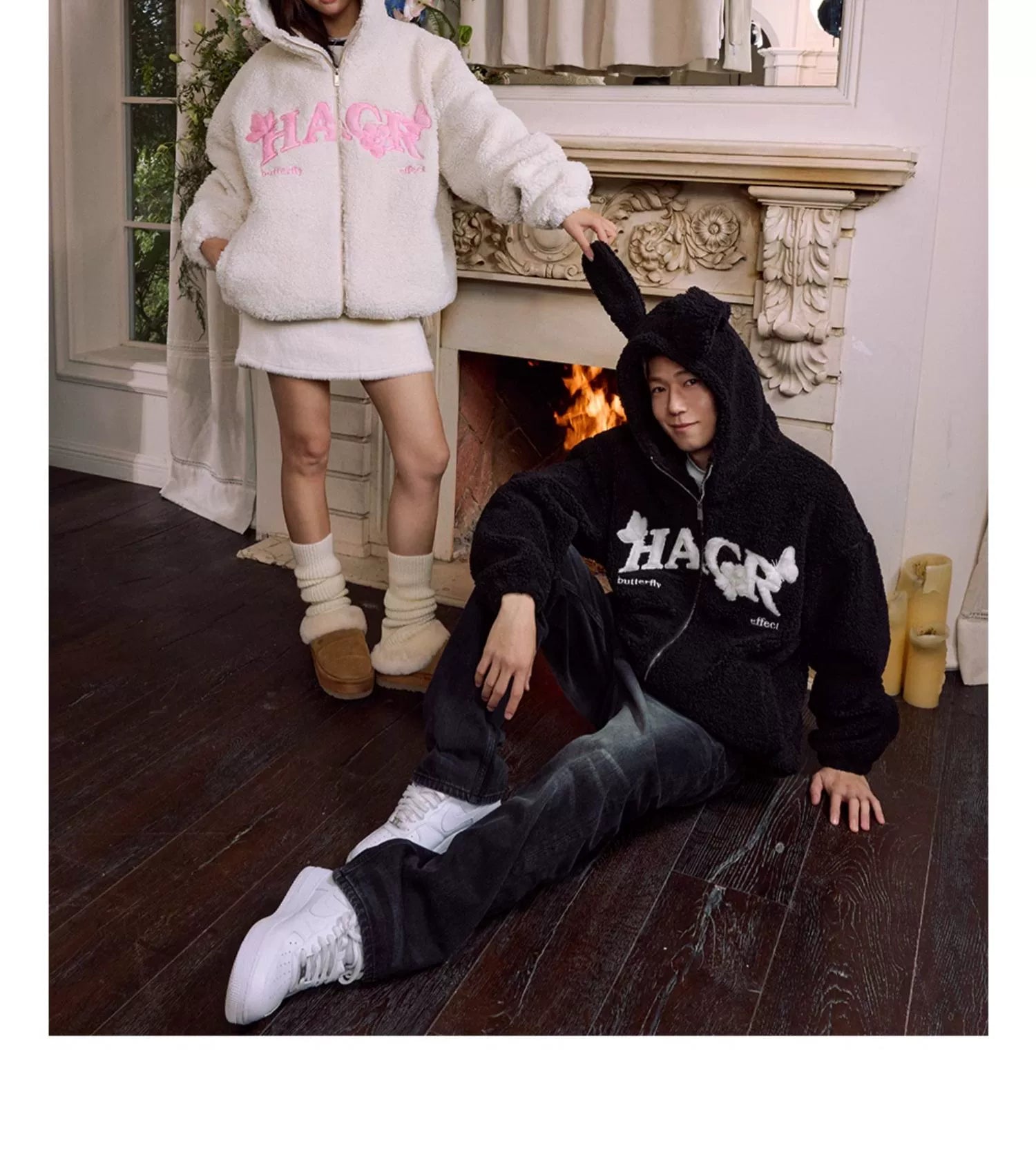 Harshandcruel Plush Ears Butterfly Floral Patch Embroidered Lambswool Hoodie