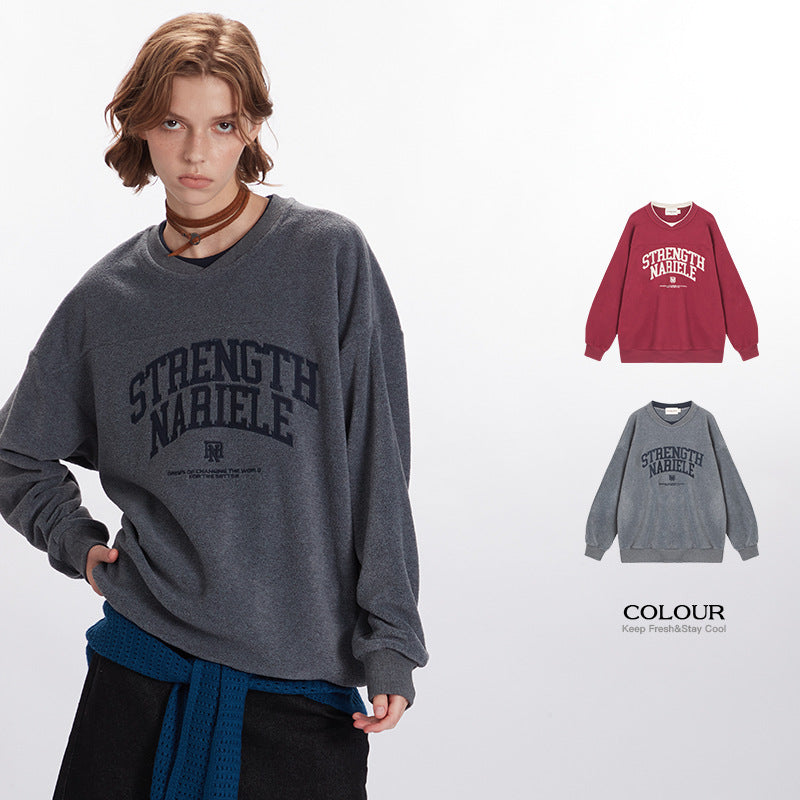Nariele Unisex Cross Neck letter patch embroidery fake two-piece Casual sweatshirt