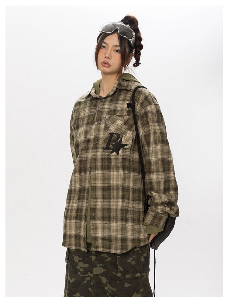 BLACKBB Vintage Plaid Flocked B Letter Print Shirt