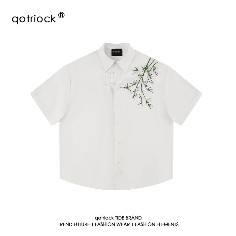 QOTRIOCK Bamboo Embroidery Casual Tang Shirt