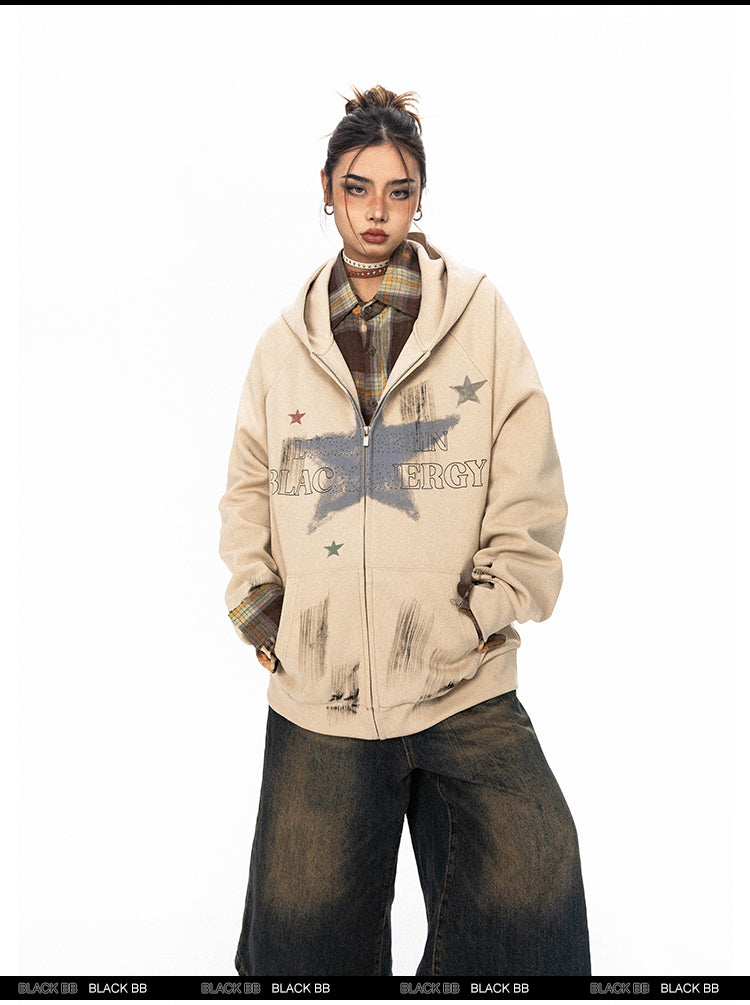 BLACKBB American Painted Star Print Hooded Cardigan Zip Up Jacket