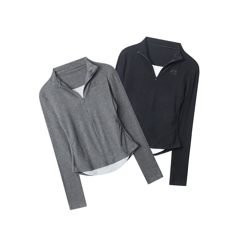 Nariele Fake Two-Piece Stand Collar Long Sleeve T-Shirt  Slim Zipper Top