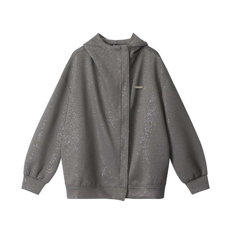 Nariele Shimmer metal label loose sweatshirt Snow Fleck Zipper Jacket