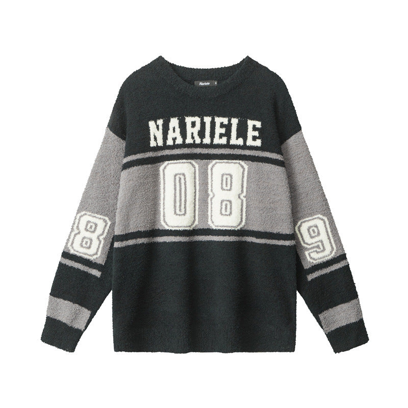 Nariele Unisex Loose Letter College Style Crew Neck Pullover Knit Sweater
