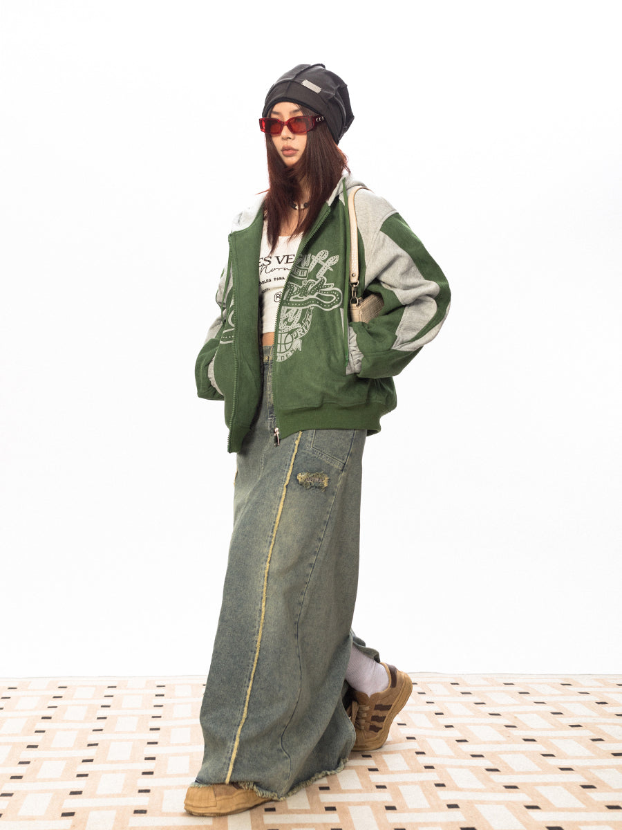 سترة BLACKBB من جلد الغزال المرقعة بغطاء للرأس ومطبوعة بسحاب