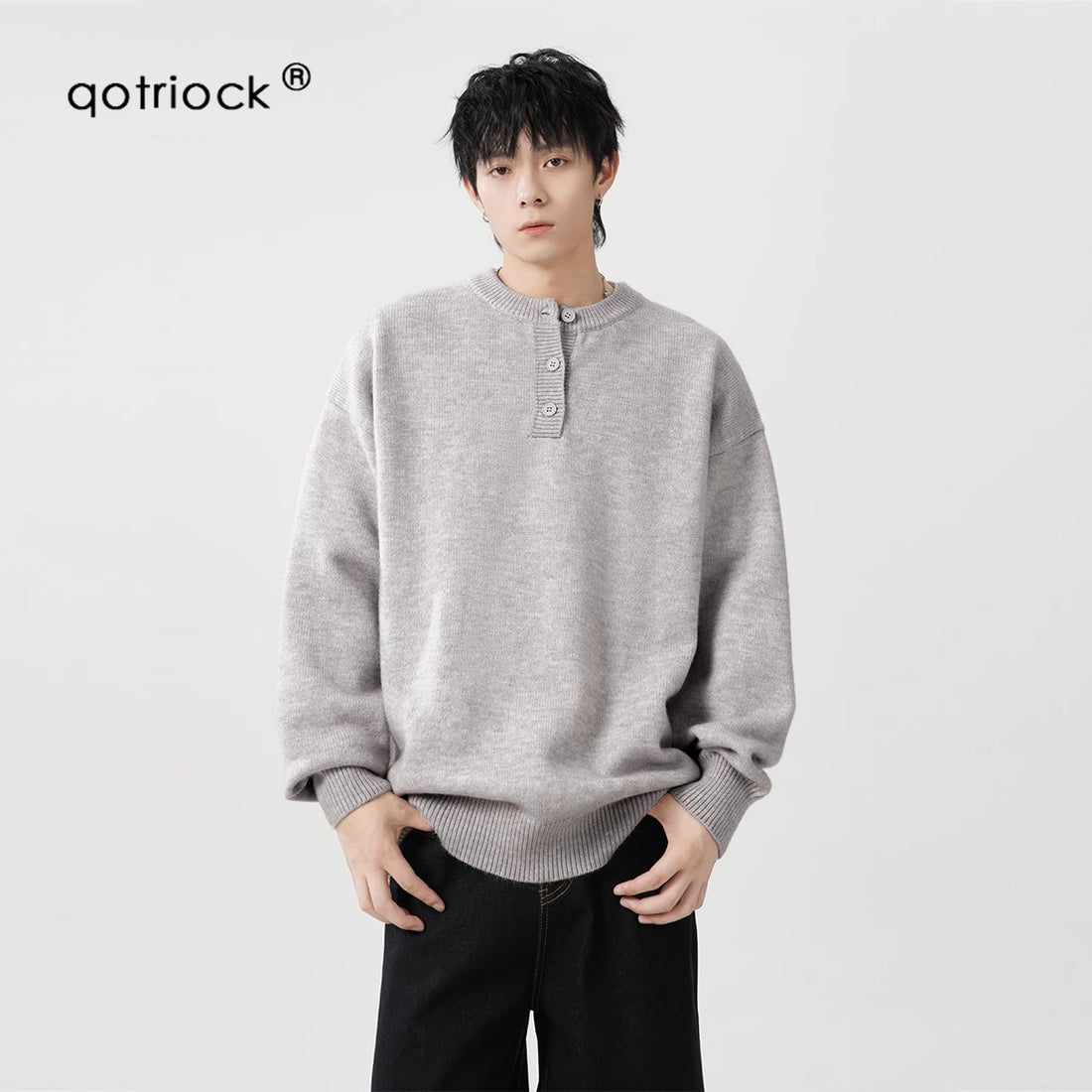 QOTRIOCK Henley Collar Sweater