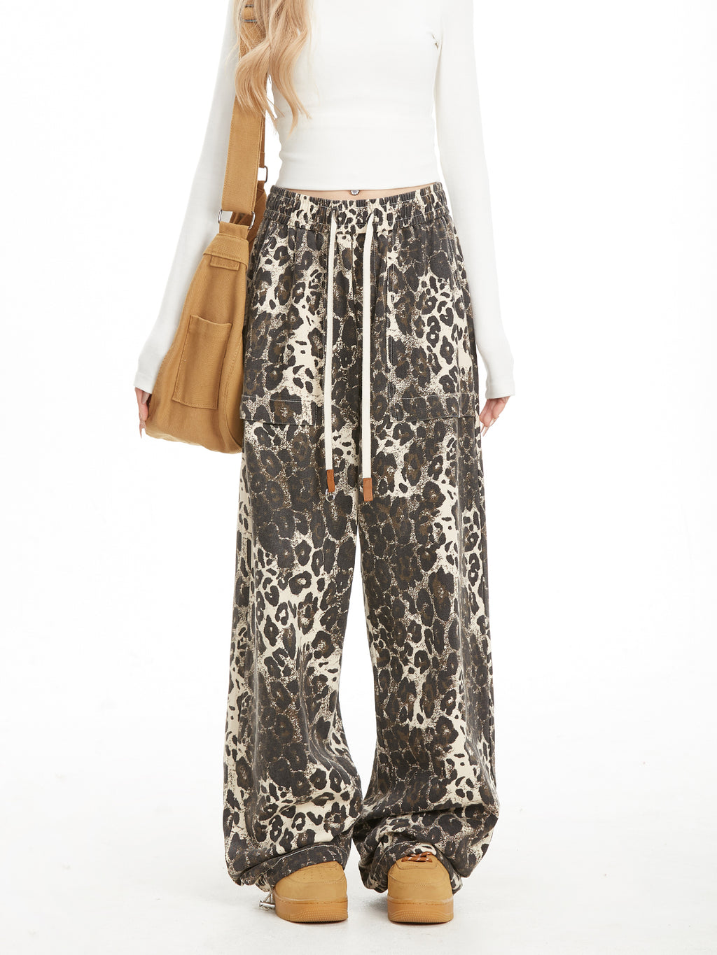 NERESUM leopard print retro cargo pants hip hop casual loose straight pants