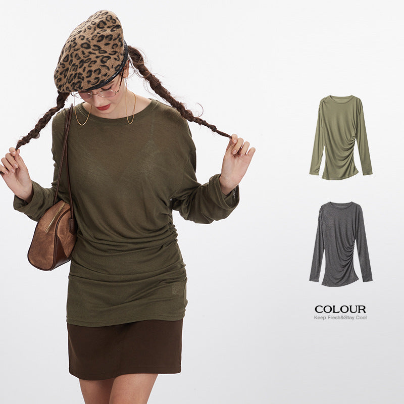 Nariele Ruffle Design Long Sleeve T-Shirt Thin Slim Crew Neck New Top