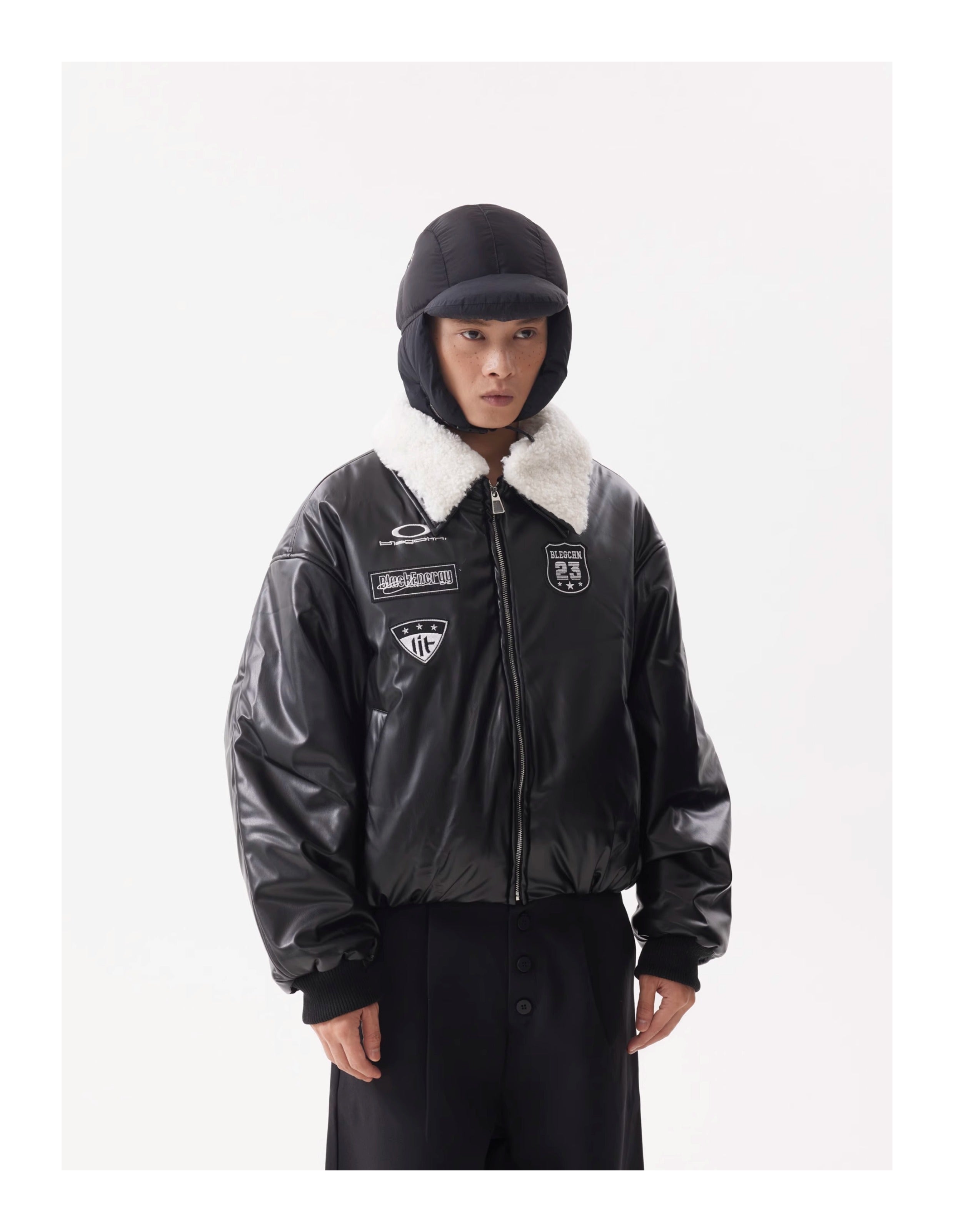 BTSG Leather Fur Collar Stitched Badges Padded Jacket