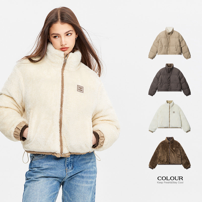 Nariele Reversible Retro Stand Collar Puffy Cropped Top Jacket