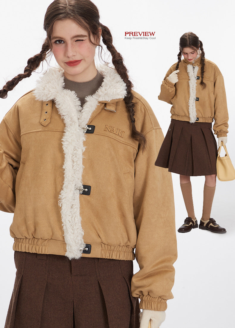 Nariele American retro stand collar Fur loose short  jacket