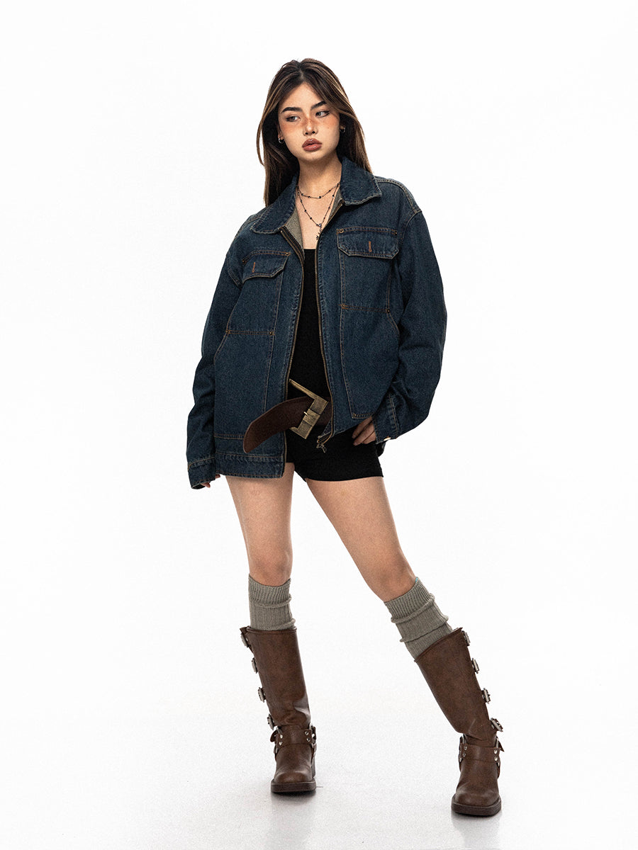 BLACKBB American Vintage Embroidery Washed Gradient Denim Zipper Up Jacket