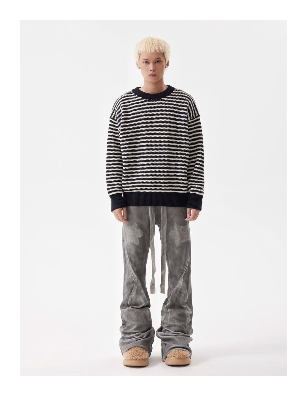 BTSG Striped Cropped Crew Neck Sweater