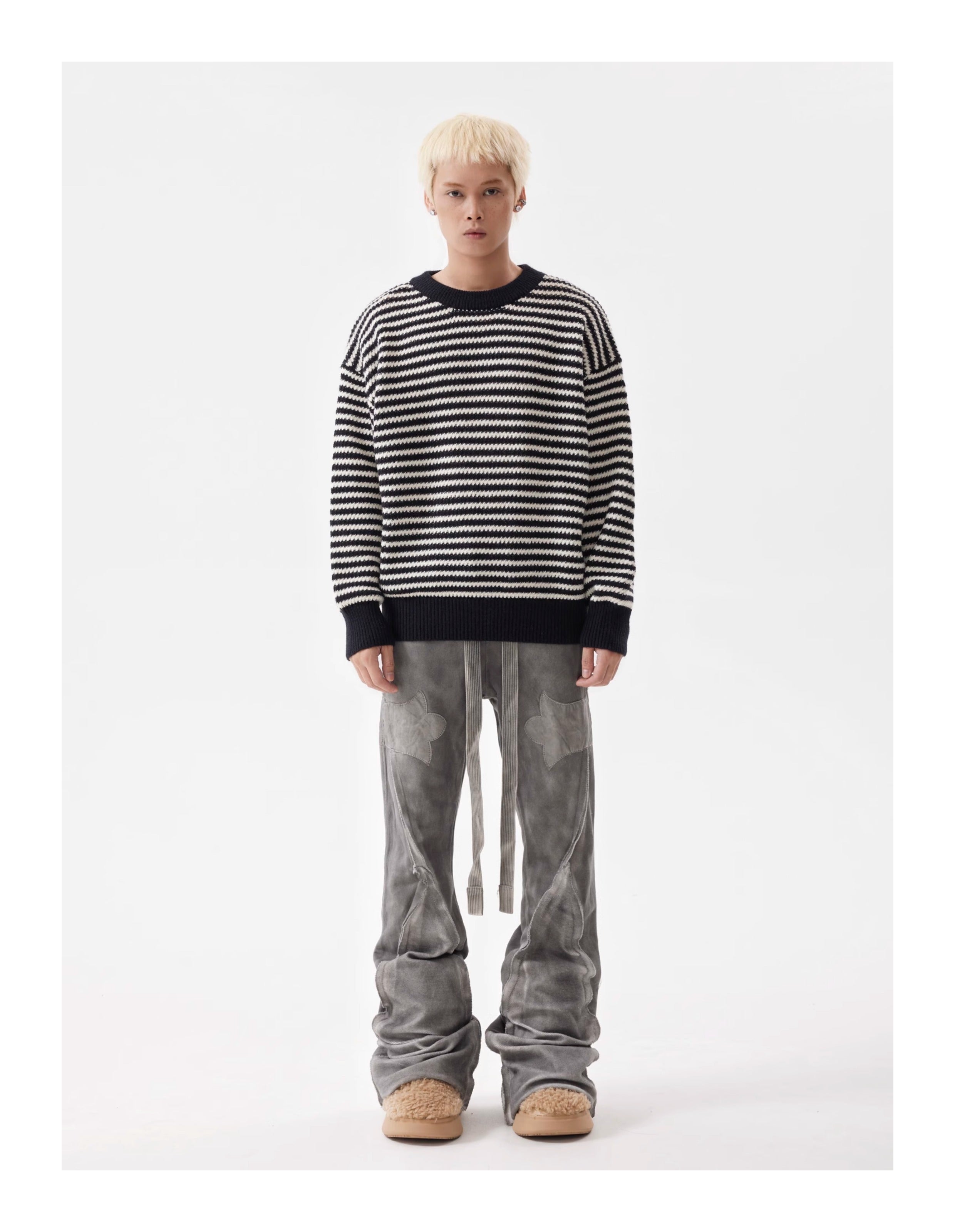 BTSG Striped Cropped Crew Neck Sweater