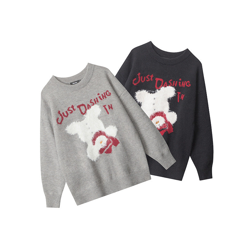 Nariele letter Bear cartoon round neck pullover loose knit sweater