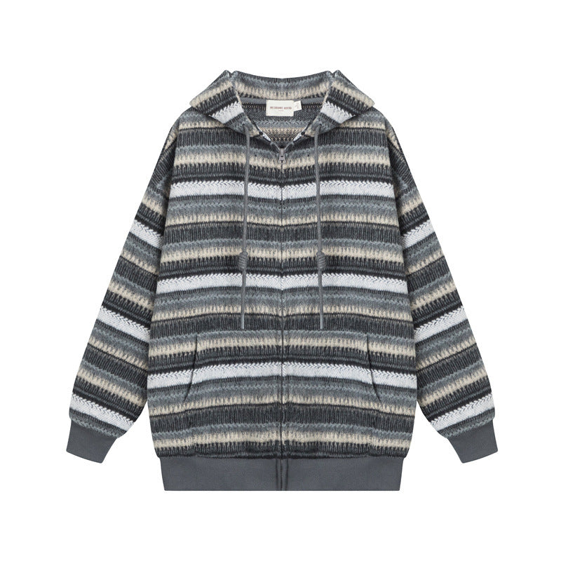 Nariele Retro Stripes Lazy Style Sweater Loose Long Sleeve Knitted Wear Zipper Cardigan