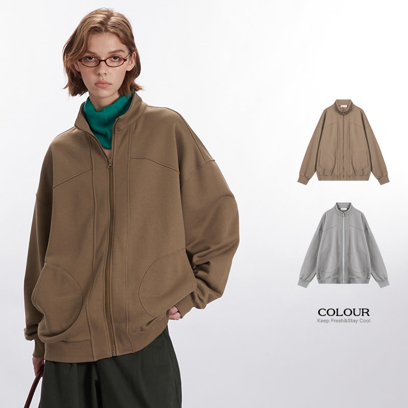Nariele Unisex Loose Stand Collar Solid Color Retro Sweatshirt Casual Classic Zip Jacket