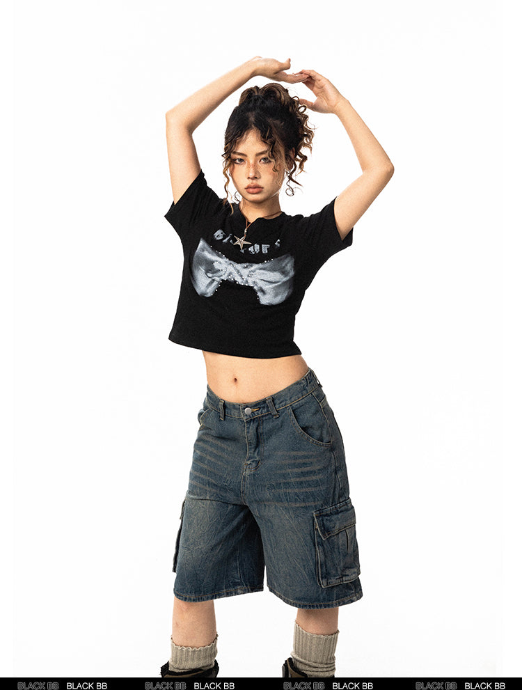 BLACKBB Hot Diamond Bow Print American Basic Retro Slim Fit Women Tee