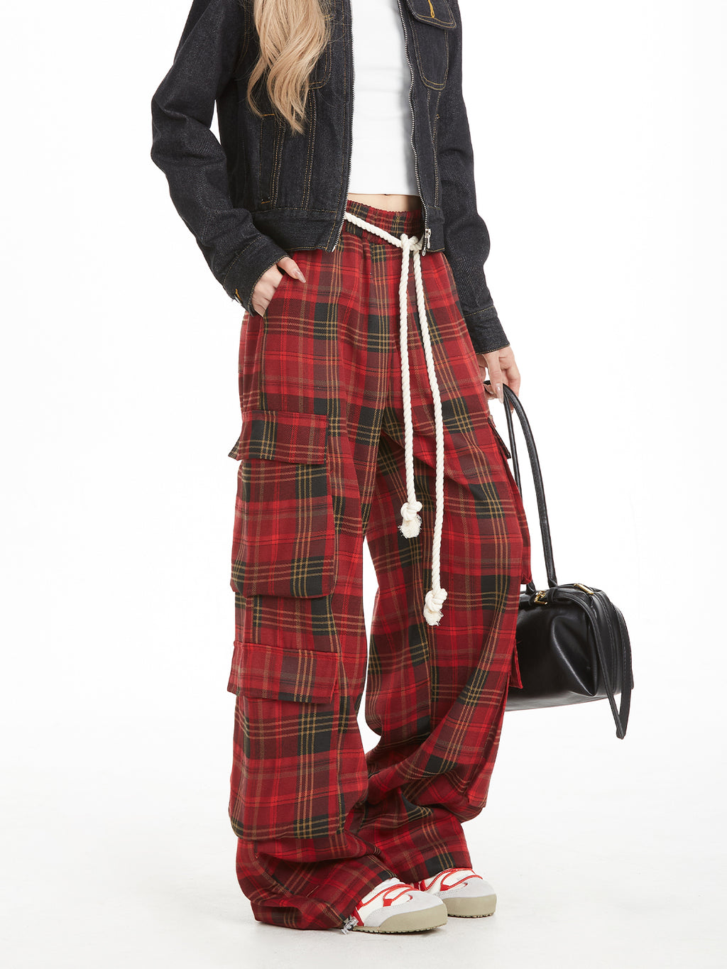 NERESUM Pant Retro Lazy Plaid Pants Trendy Design Casual Straight Cargo Pockets Pants