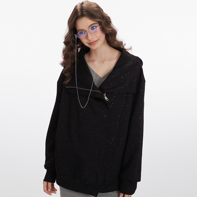 Nariele Shimmer metal label loose sweatshirt Snow Fleck Zipper Jacket