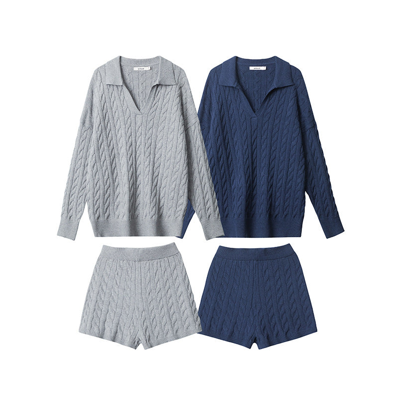 Nariele New Polo Collar Sweater Set Pullover Twist Knitting Shorts Top Set