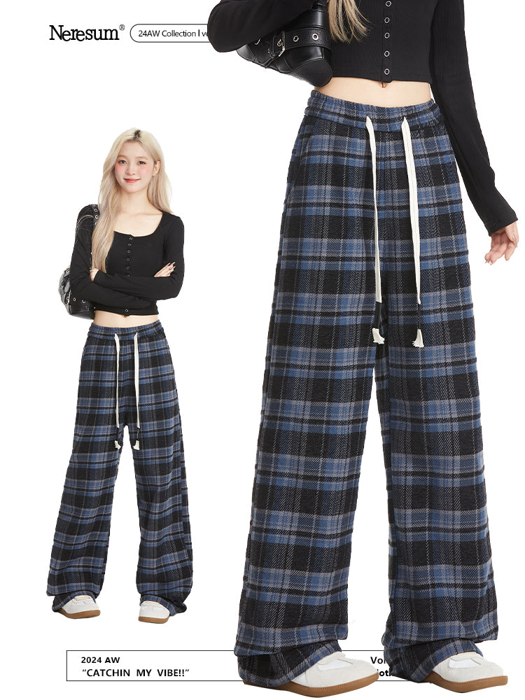 Neresum plaid pants retro drawstring trendy loose straight sweatpants
