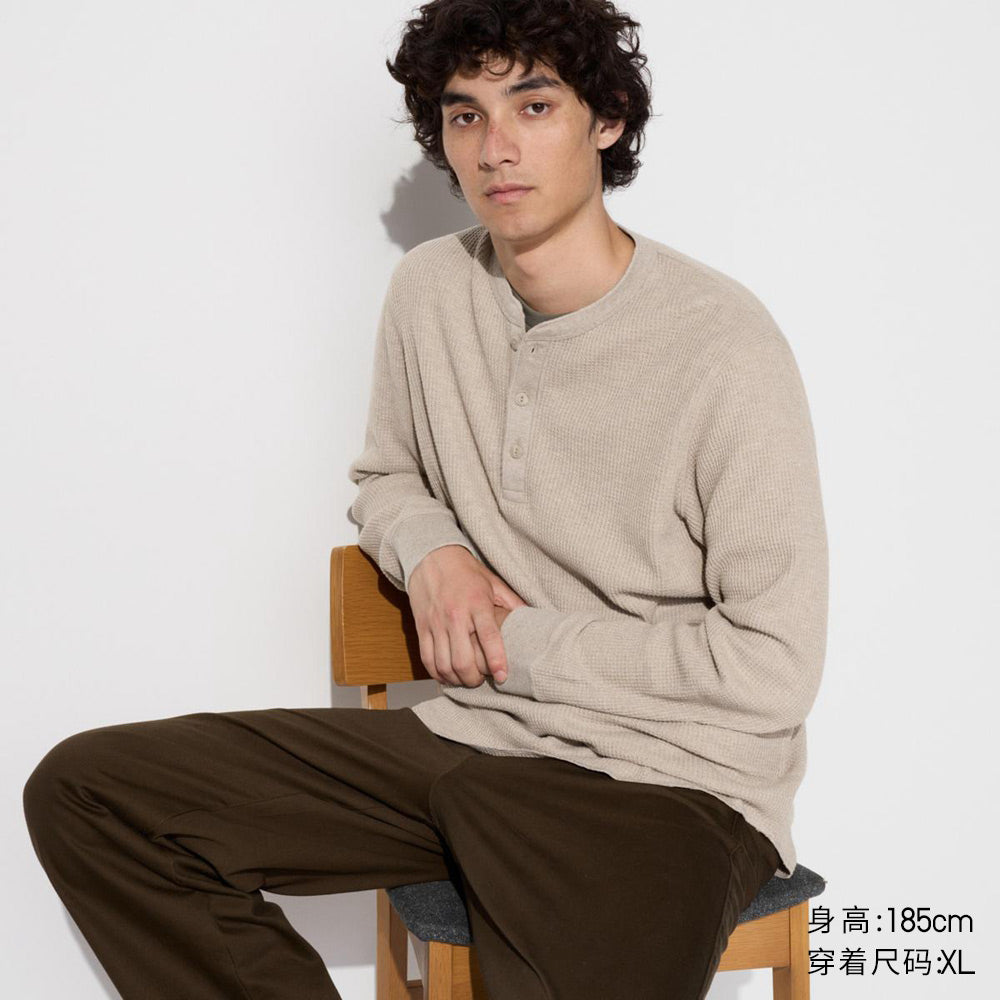 Uniqlo Couple Waffle Henley Collar Pullover Long Sleeve Tee