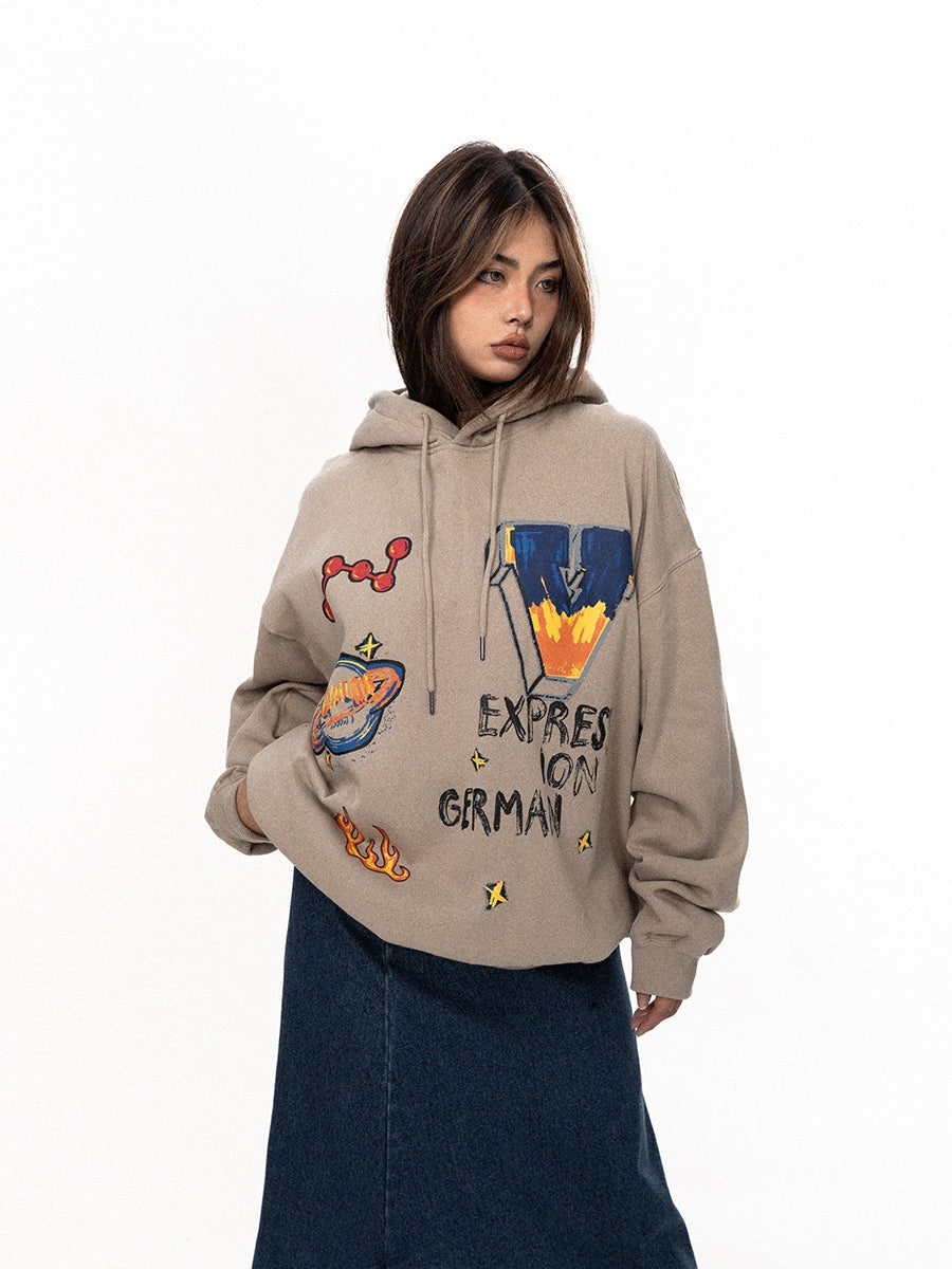 BLACKBB Loose Fleece Cartoon Print Hoodie