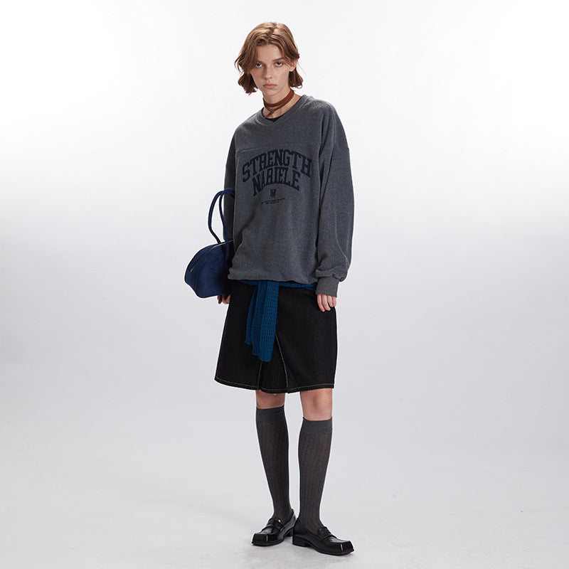 Nariele Unisex Cross Neck letter patch embroidery fake two-piece Casual sweatshirt