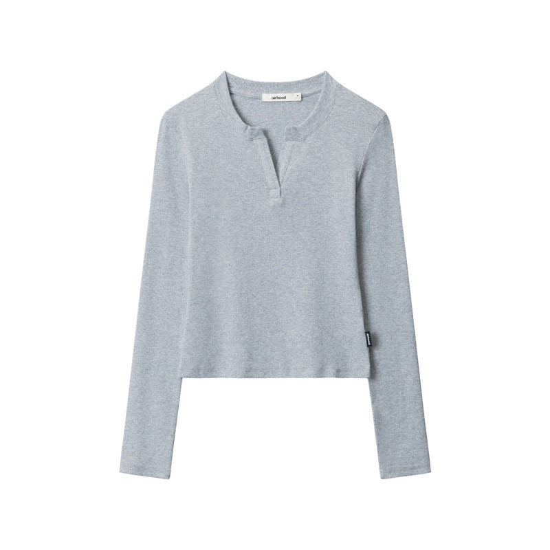 Nariele Pure Color V-neck Tight Long-sleeved Top
