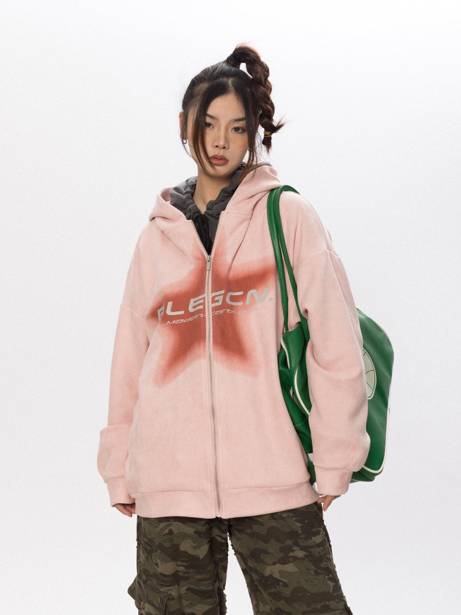 سترة BLACKBB American Vintage Star Print من جلد الغزال بسحاب لأعلى