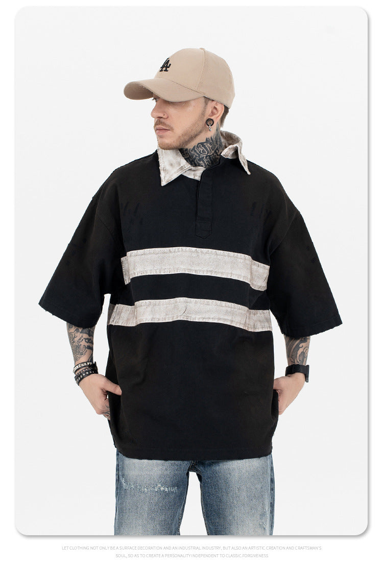 "clearance" FORGIVNESS Distressed Polo Dirty Dye Lapel Silhouette Double Short Sleeve Tee