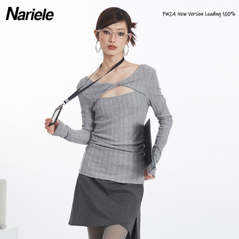 Nariele Cross Shoulder Hallow Long-sleeved Slim Fit Irregular Kint Sweater