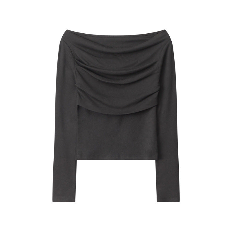 Nariele Multi-pleated Straight Neck Off-shoulder Long Sleeve T-Shirt