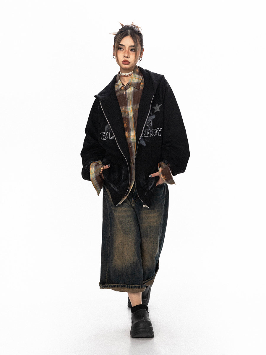 BLACKBB American Painted Star Print Hooded Cardigan Zip Up Jacket