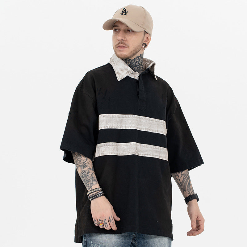 "clearance" FORGIVNESS Distressed Polo Dirty Dye Lapel Silhouette Double Short Sleeve Tee