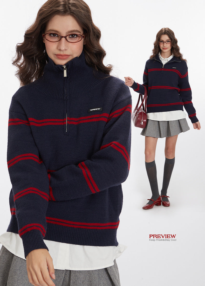 Nariele American Retro Sweater Lazy Loose Pullover Knit Half Zipper Jacket