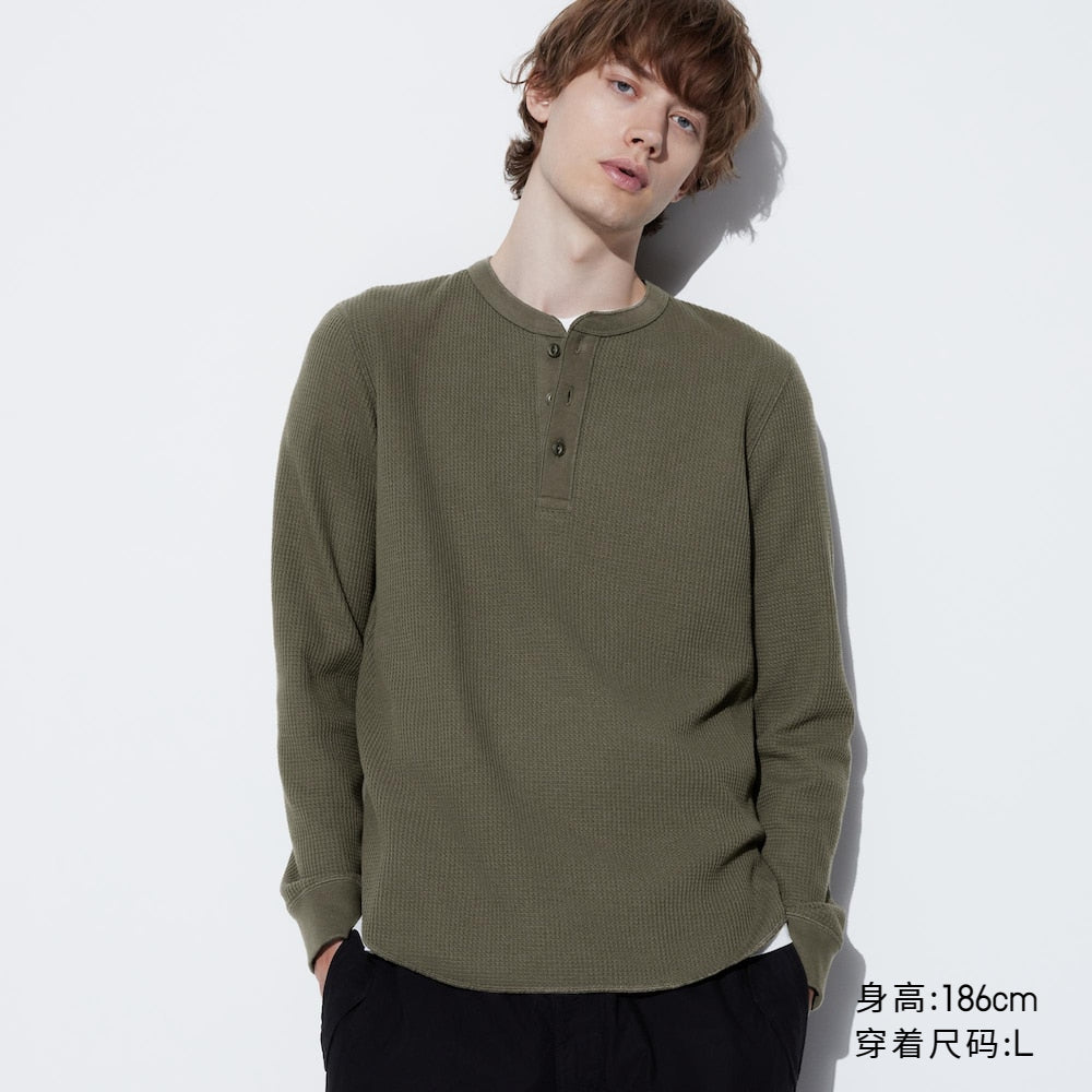 Uniqlo Couple Waffle Henley Collar Pullover Long Sleeve Tee