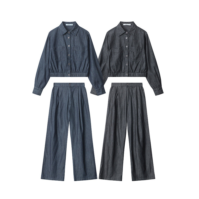 Nariele Womenswear Trendy Chic Wears Cropped Jacket Denim Wide-leg Pants Set