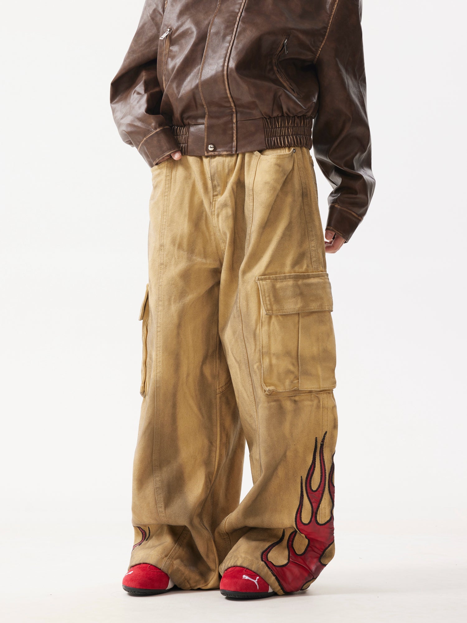 BTSG Leather Flame Embroidery wide-leg dirty jeans