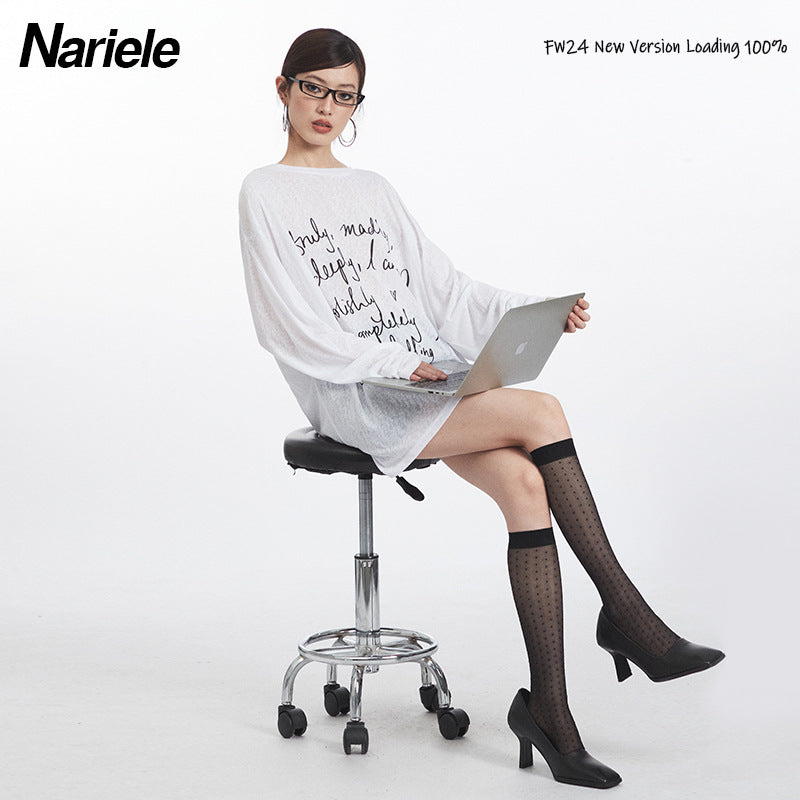 Nariele Oversize Letter Print Light Loose Long Sleeves T-Shirt