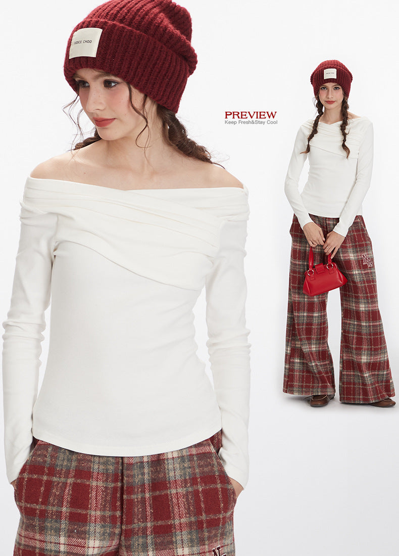 Nariele Long Sleeve Top T-shirt Off-shoulder Irregular Slim Fit Top