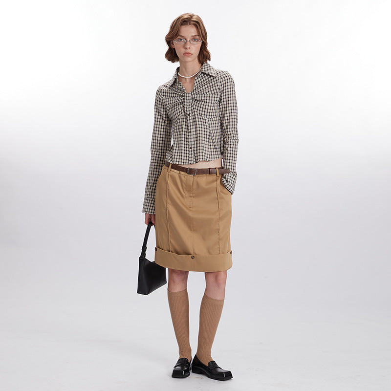 Nariele Plaid Ruffle Design New Shirt Long Sleeve Women's Crop Slim Shirt Girl Style Top