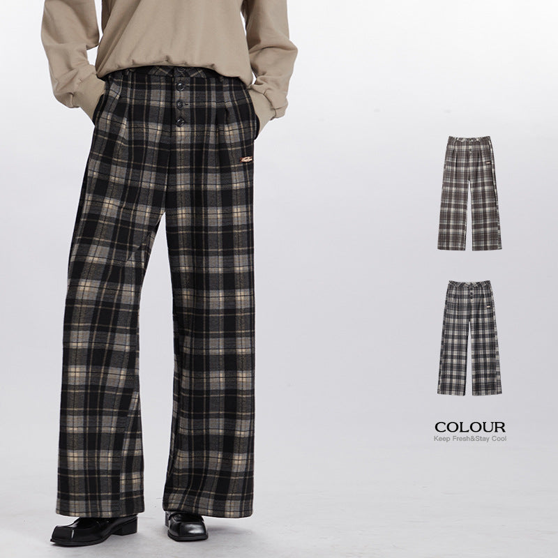 Nariele American Vintage Plaid Pants High Waist Wide Leg Straight Pants