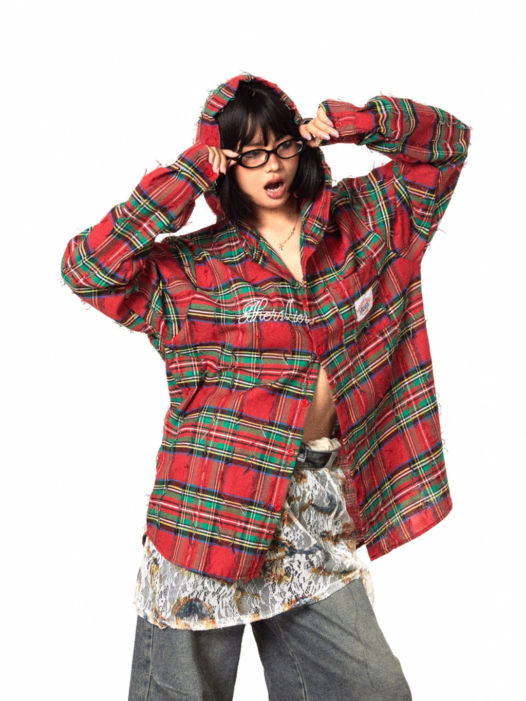 BLACKBB Vintage Embroidered Patch Shirt Red Plaid Raw Top