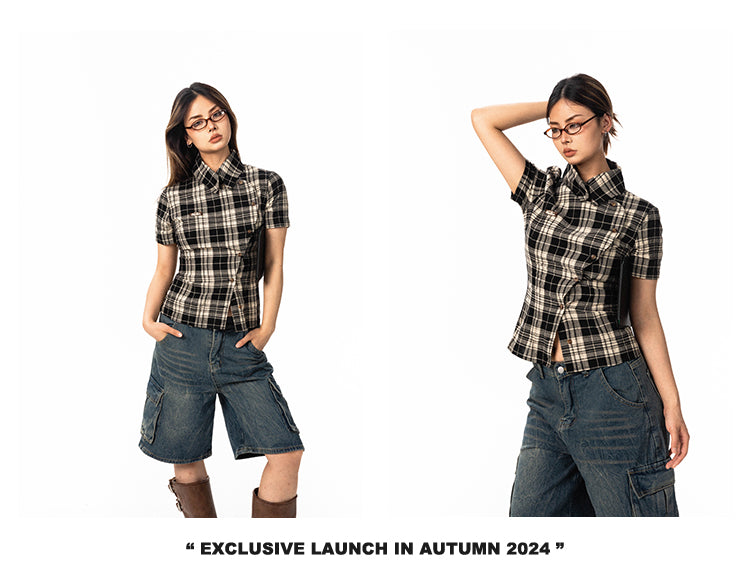 Pre-loved Diagonal Placket Check Skinny Shirt Slim Fit Tee