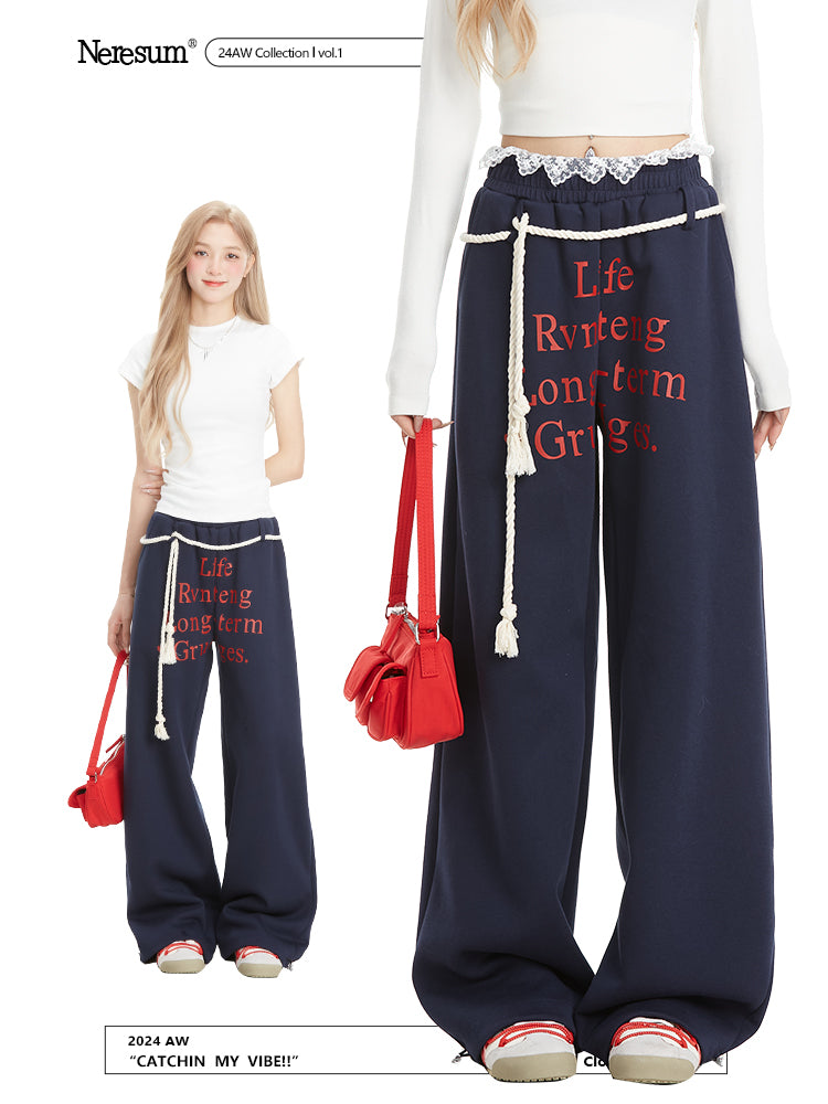 NERESUM Retro Jazz Dance Hip Hop Sweatpants Lace Stitched Strap Casual Pants