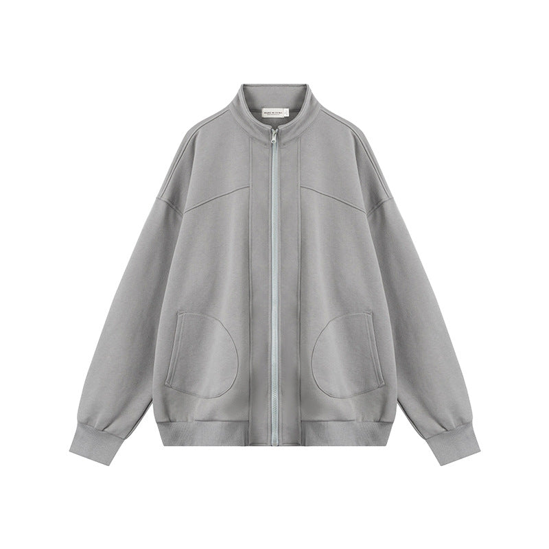 Nariele Unisex Loose Stand Collar Solid Color Retro Sweatshirt Casual Classic Zip Jacket