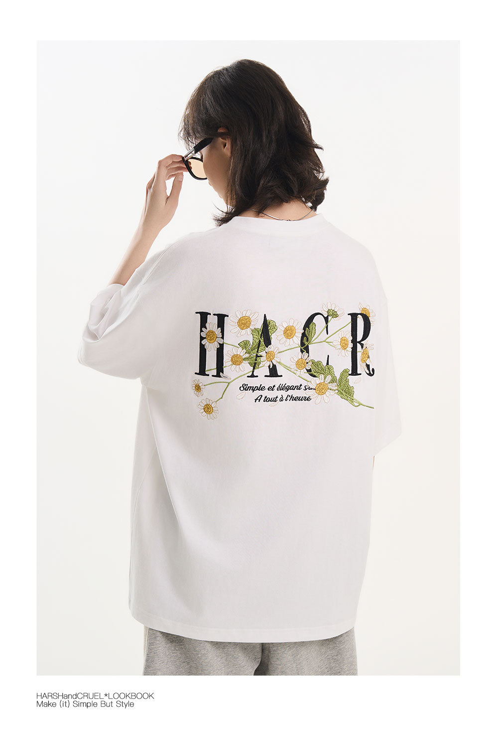 harshandcruel ] floral typography, heavy-duty embroidered tee